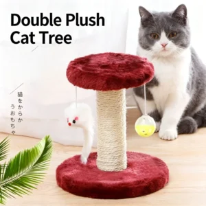 Mini Double Plush Platform Sisal Scratching Post with Hanging Mouse Bell Toy Indoor Kitten Entertainment Cat Trees & Scratcher