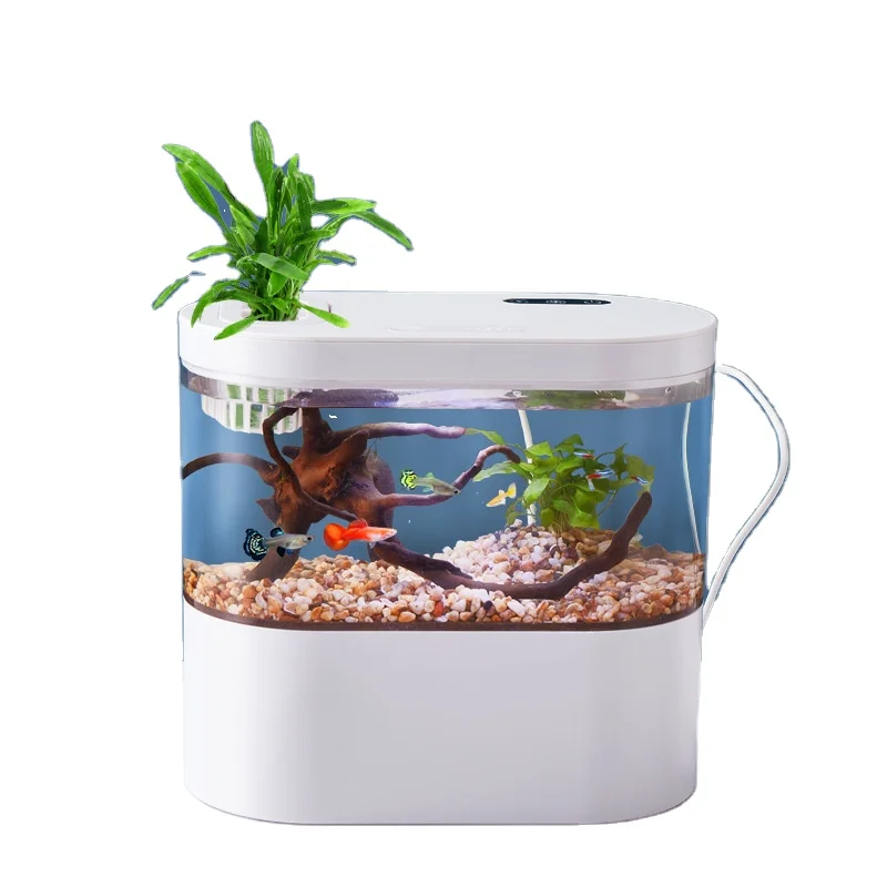 Mini Fish Tank With Filter and LED Light Aquarium Tropical Freshwater Phone & Pad Holder Hydroponic Plants Basket for Office