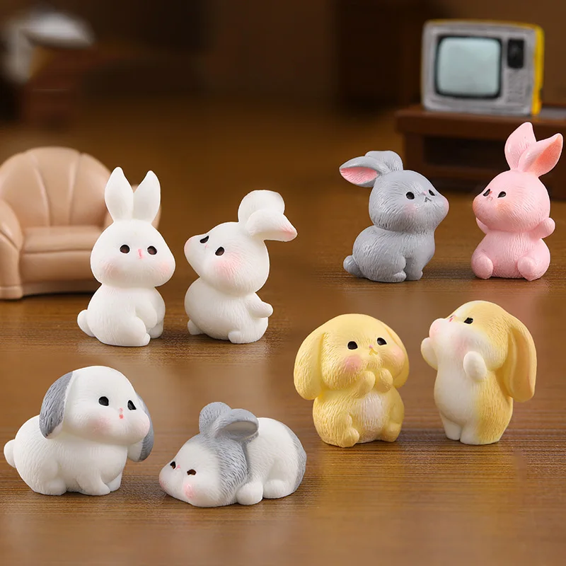 Miniature Resin Bunny Figurines Tiny Rabbit Animals Fairy Garden Moss Landscape Ornaments Model Hand painted for Easter