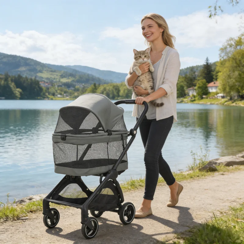 Minimalist Design One Hand Auto Folding Portable Luxury Pushchair Animals Dog Cat Trolley Companion Travel Pram Pet Stroller