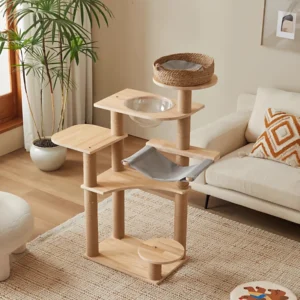 Minimalist Eco Friendly Solid Wood Cat Tree with Scratcher Durable Adjustable Height Design for Indoor Home Use