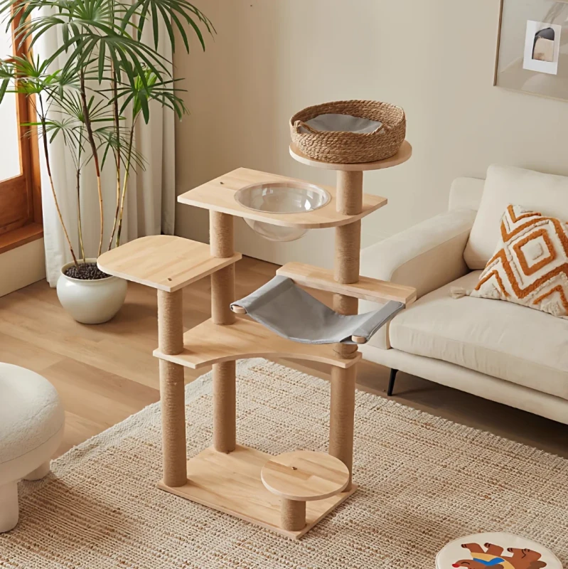 Minimalist Eco Friendly Solid Wood Cat Tree with Scratcher Durable Adjustable Height Design for Indoor Home Use