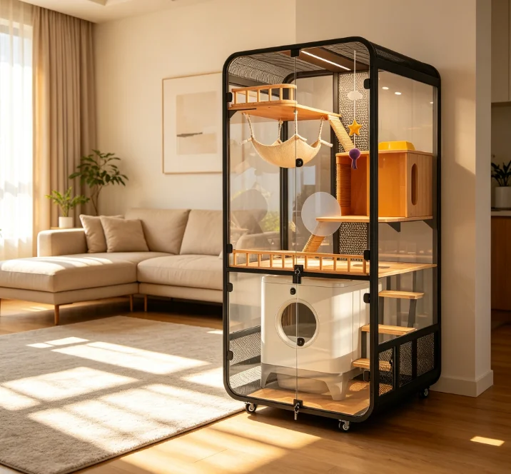 Minimalist Home Cat Villa Luxury Sustainable Collapsible Solid Wood Glass Large Space Multi Layer Pet Furniture Cabinet 360 View