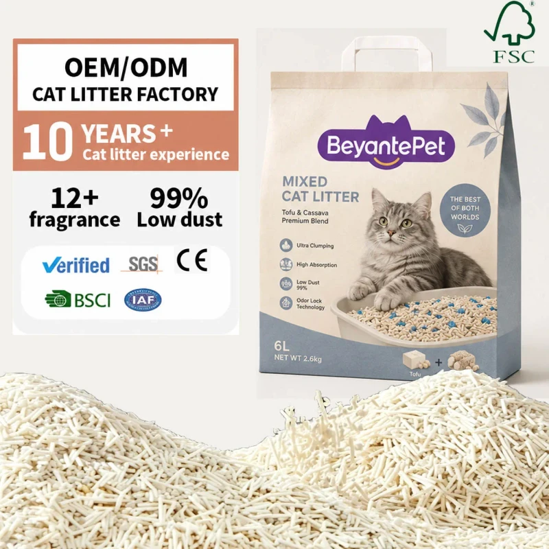Mixed Tofu Cassava Cat Litter Fast Clumping Flushable Low Dust Natural Cat Litter OEM Supplier