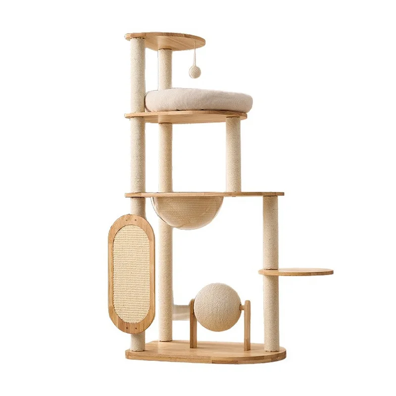 Modern 2 Level Solid Wood Eco Friendly Cat Tree Wear Resistant Scratch Board Sisal Ball Nest Cat Climbing Rack 2.5m Carton