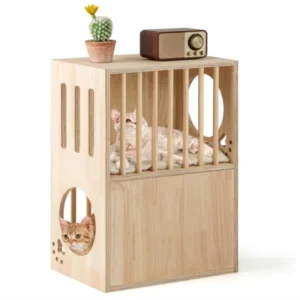 Modern 2-Storey Wood Cat House Natural Wooden Double Decker Cat Condo with Removable Side Table Indoor Pet Furniture