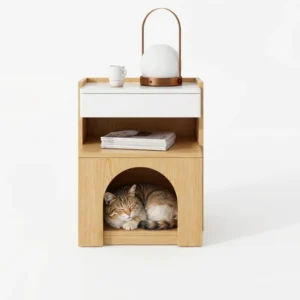 Modern 2 in 1 Pet Nightstand Furniture Style Cat Crate End Table Wooden Kennel House Metal Mesh Detachable Removable Pets