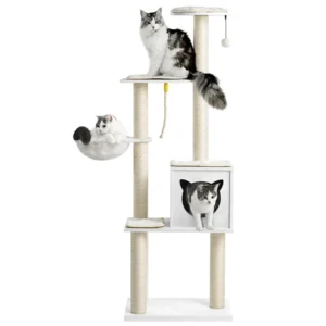 Modern 65″ Tall Wood Cat Tree Tower Indoor Cat Condo Hammock Scratching Post Removable Pads for Small Large Cats Sisal MDF