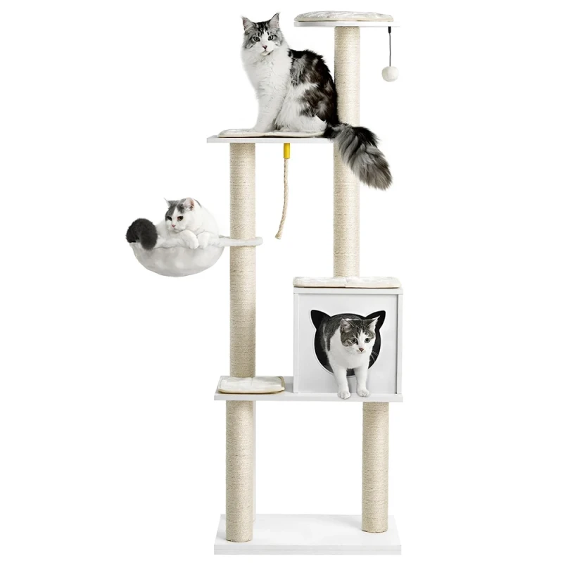 Modern 65" Tall Wood Cat Tree Tower Indoor Cat Condo Hammock Scratching Post Removable Pads for Small Large Cats Sisal MDF