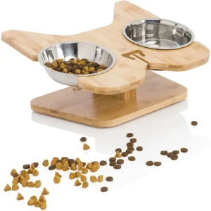 Modern Bamboo Party Pet Bowl Stand 2 Stainless Steel Cat Dog Bowls for Food Pet Bowl Stand Raised Pet Feeder