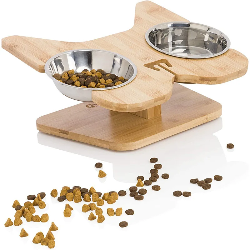 Modern Bamboo Party Pet Bowl Stand 2 Stainless Steel Cat Dog Bowls for Food Pet Bowl Stand Raised Pet Feeder