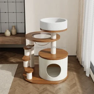 Modern Carton Packaging Wooden Cat Climbing Frame with Jumping Platform 4 Levels Cat Tree Scratcher Toy for Cats