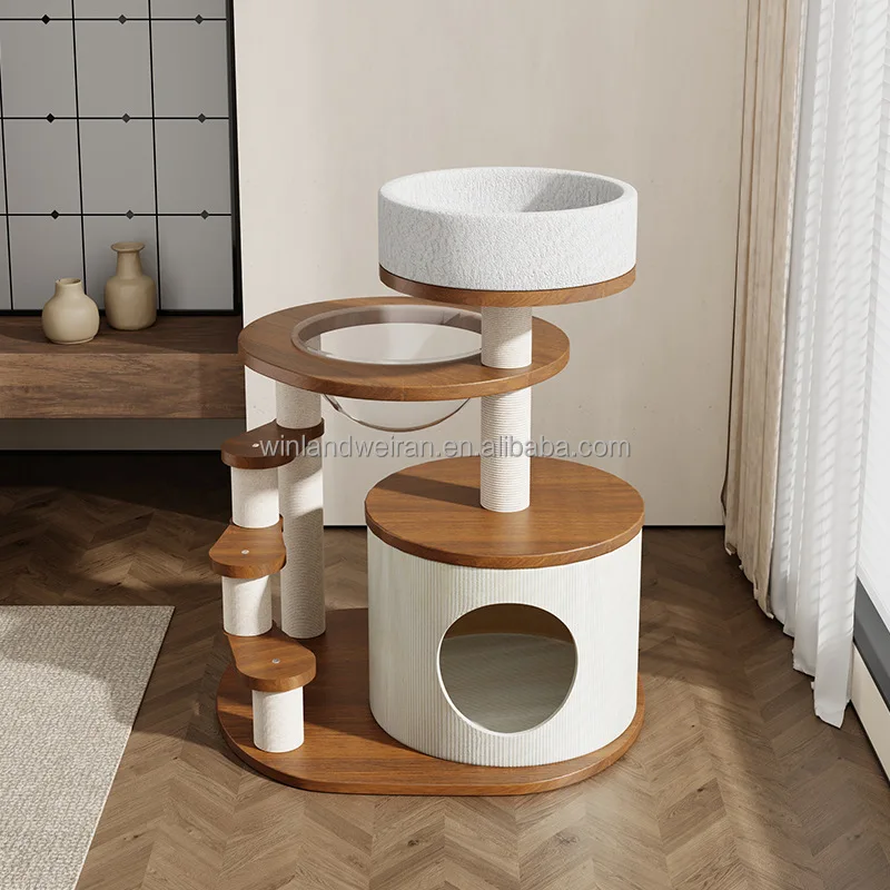 Modern Carton Packaging Wooden Cat Climbing Frame with Jumping Platform 4 Levels Cat Tree Scratcher Toy for Cats