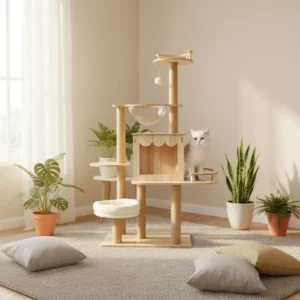 Modern Carton Packed Wood Eco-Friendly 5-Level Cat Tree Scratcher Hole Privacy Safe Outdoor Access Interactive Cats 40cm Height