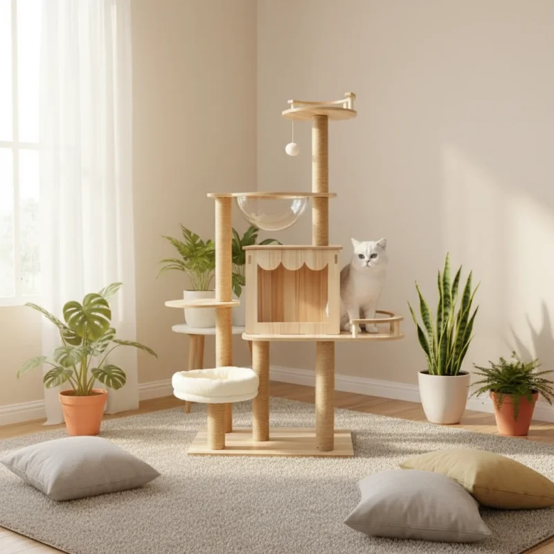 Modern Carton Packed Wood Eco-Friendly 5-Level Cat Tree Scratcher Hole Privacy Safe Outdoor Access Interactive Cats 40cm Height