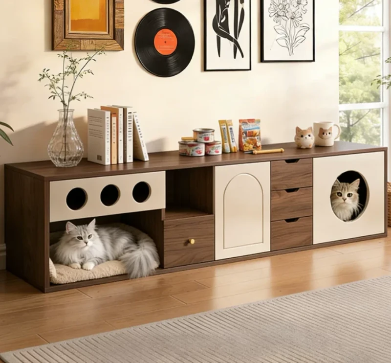 Modern Cat House TV Stand Wooden Pet Furniture Cabinet with Cat Condo Storage Drawers and Play Area