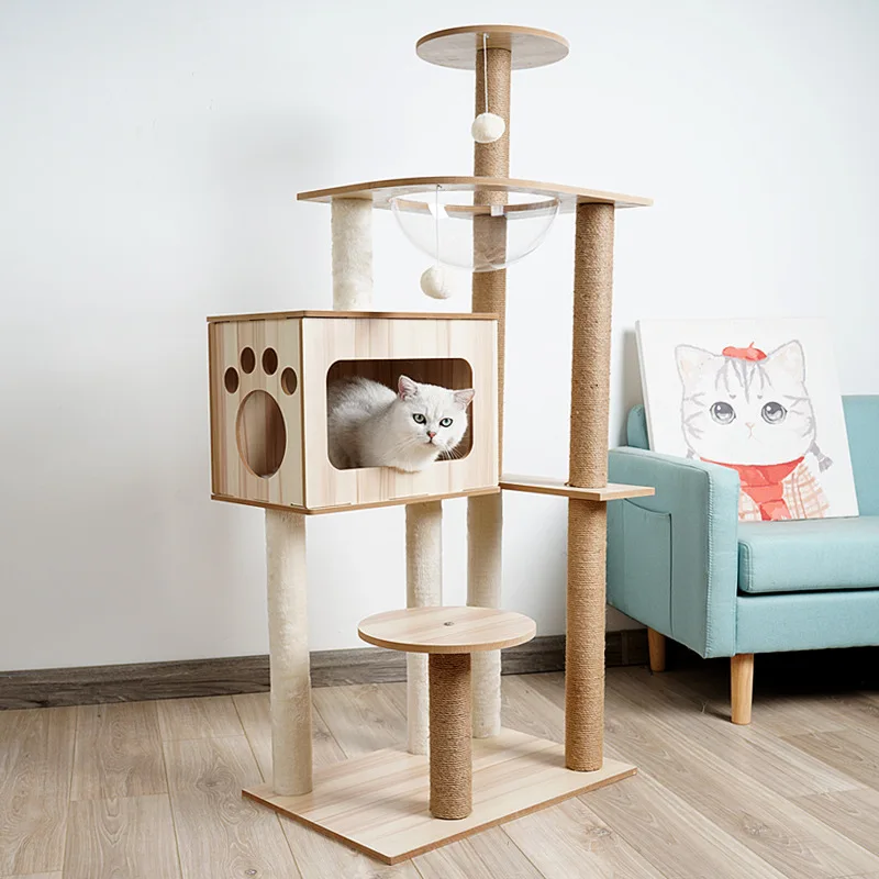 Modern Cat Tree Supplies Manufacturer Large Beige Wooden Cat Tree Scratcher Fashion Custom Design Cat Climbing Frame