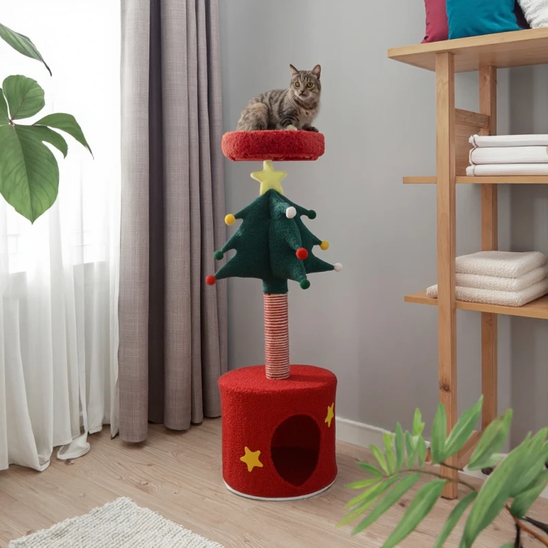 Modern Classic Cat Tree Tower for Small Spaces Christmas Tree Solid Wood Sisal Cat Climbing Frame Bed Comes Carton Packaging