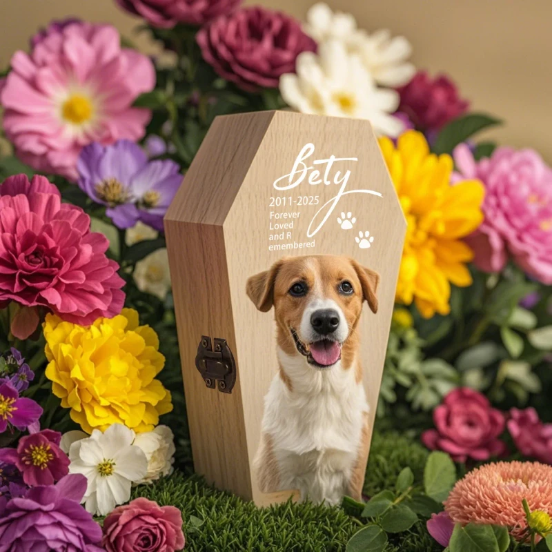 Modern Custom Printed Wooden Pet Coffin Cremation Urn for Small Animals for Cats Dogs Birds Funerals
