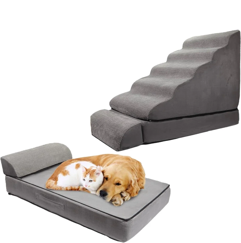 Modern Detachable 3-in-1 Woven Foam Dog Bed with 6-Step Ramps for Living Room & Bedroom Use Older and Injured Dogs