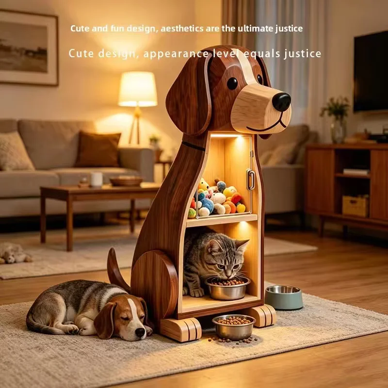 Modern Dog Shaped Pet Furniture Solid Wood Cat House with Feeder Station and LED Light Low MOQ Custom Logo