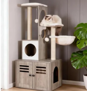 Modern Indoor Pet Furniture Large Wood Cat House Storage Bench Easy Clean Floor Board Button Closure Litter Box Cabinet Solid No