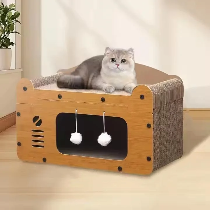 Modern Interactive Nest Cat Tree Scratcher Corrugated Paper Bed with Nest Bed Cat Scratch Pad Made of Wood