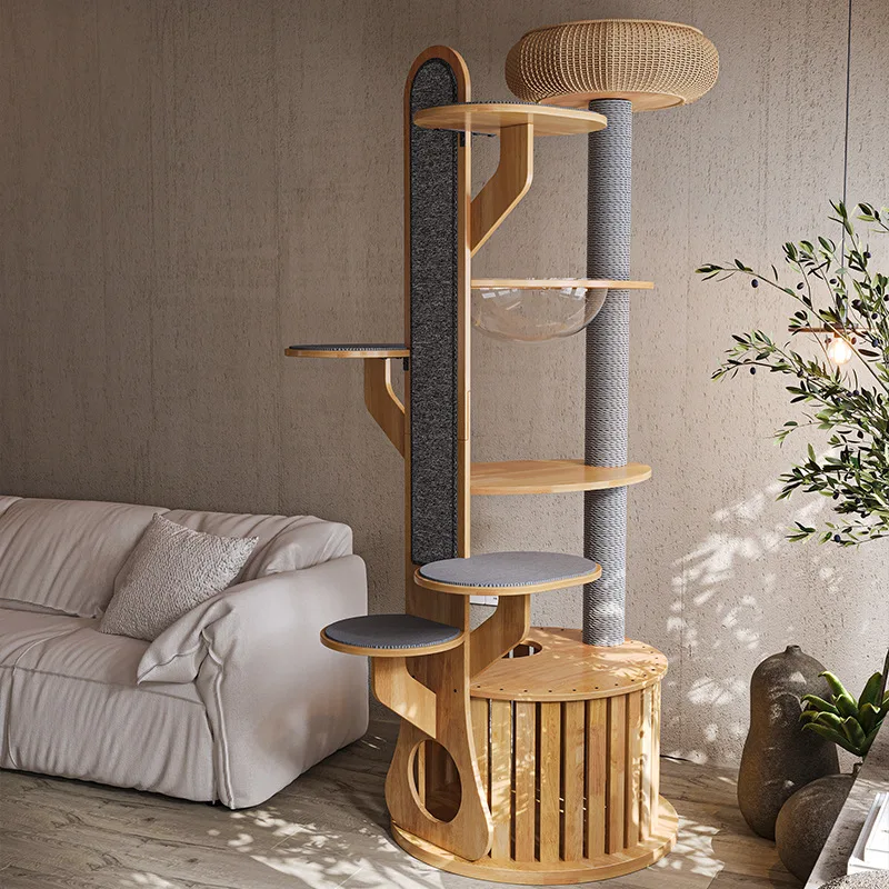 Modern Luxury Classic 2 Level 190CM Tall Sisal & Wooden Cat Tree with Floor to Ceiling Cat Scratching Posts for Indoor Use