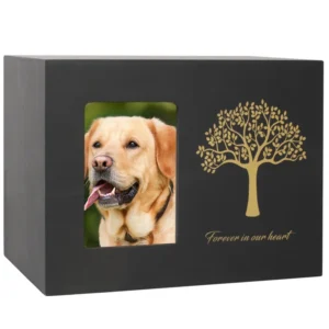 Modern Luxury Eco Friendly Durable Pet Memorial Funeral Casket Black Solid Wood Urn Tree Life Design Brass Metal Cats Dogs