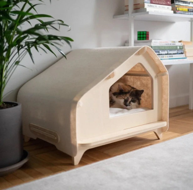 Modern Luxury Eco Friendly & Sustainable Solid Rectangle Cat Bed House with Wood Cage OEM Pet Furniture for Sleep All Seasons