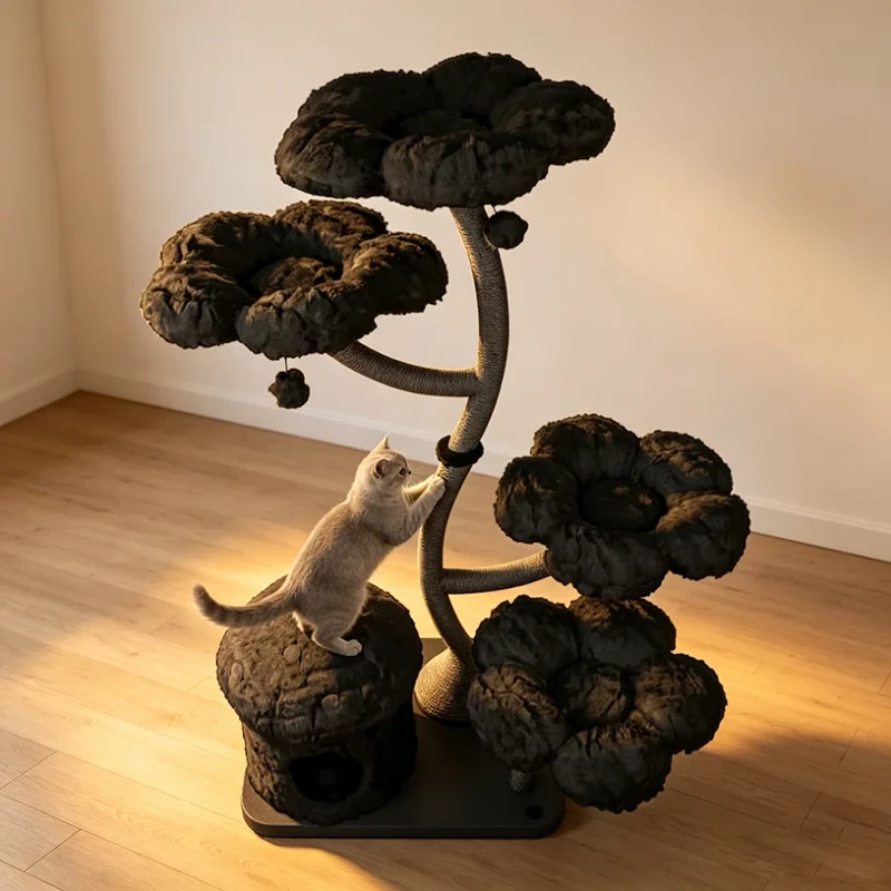 Modern Luxury Floral Black Cat Tower Wood Cat Tree & Scratcher with Flower Cat Gift & Condo Premium Cat Furniture
