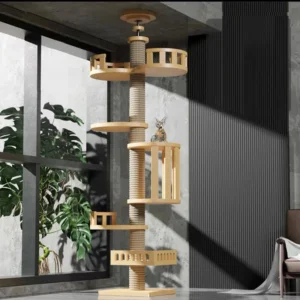 Modern Luxury Folding Wooden Sisal Scratcher Posts Large Platform Adjustable Height Cat Climbing Tree Tower for Indoor Multiple