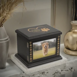 Modern Luxury Large Wooden Handmade Pet Memorial Urn with Photo Frame Rectangle Shape Safety Feature for Cat Ashes