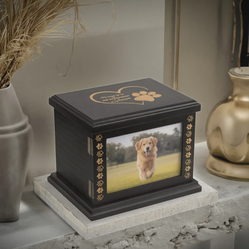 Modern Luxury Large Wooden Handmade Pet Memorial Urn with Photo Frame Rectangle Shape Safety Feature for Cat Ashes