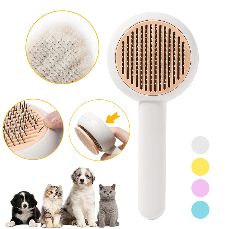 Modern Luxury Plastic & Stainless Steel Self Cleaning Cat & Dog Grooming Comb Brush Tool with Cleaning Button Stocked