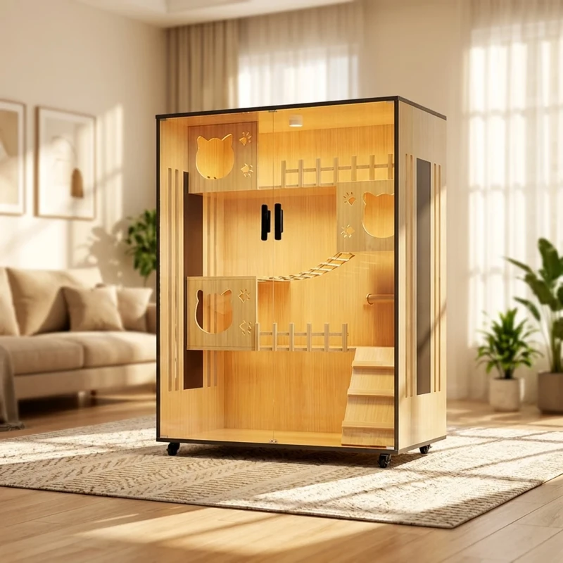 Modern Luxury Solid Wood and Glass Cat Villa Large Indoor Living Room Cat House Pet Furniture
