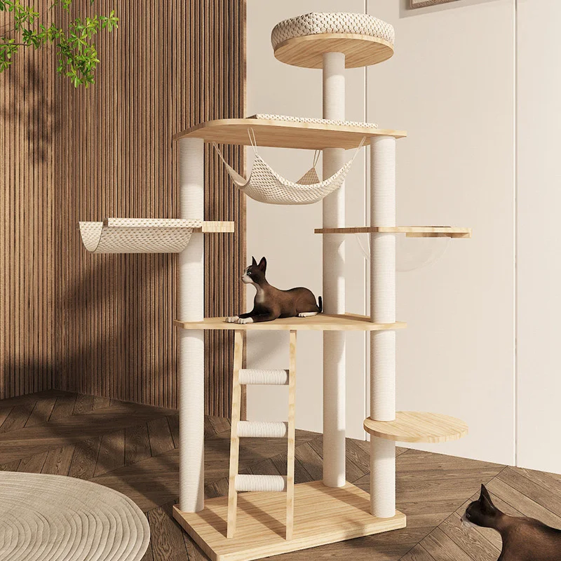 Modern Luxury Wood 5-level Eco-friendly Cat Tree Tower With Scratcher and Climbing Features Carton Packed