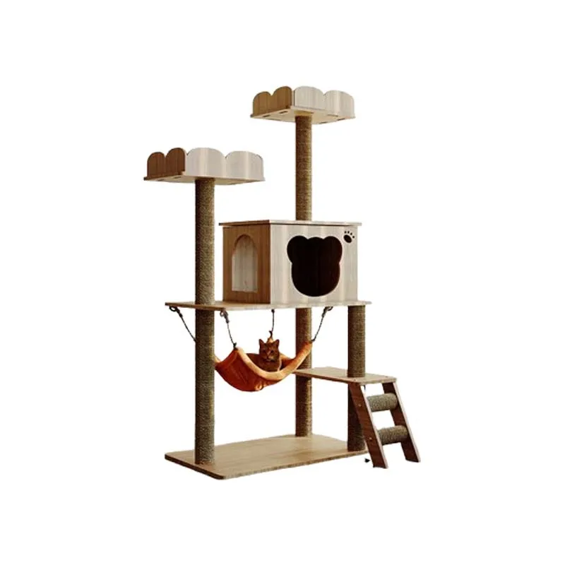 Modern Luxury Wood & Sisal 5-Level Cat Tower Climbing Frame Large Scratcher Cat Tree House Carton Package