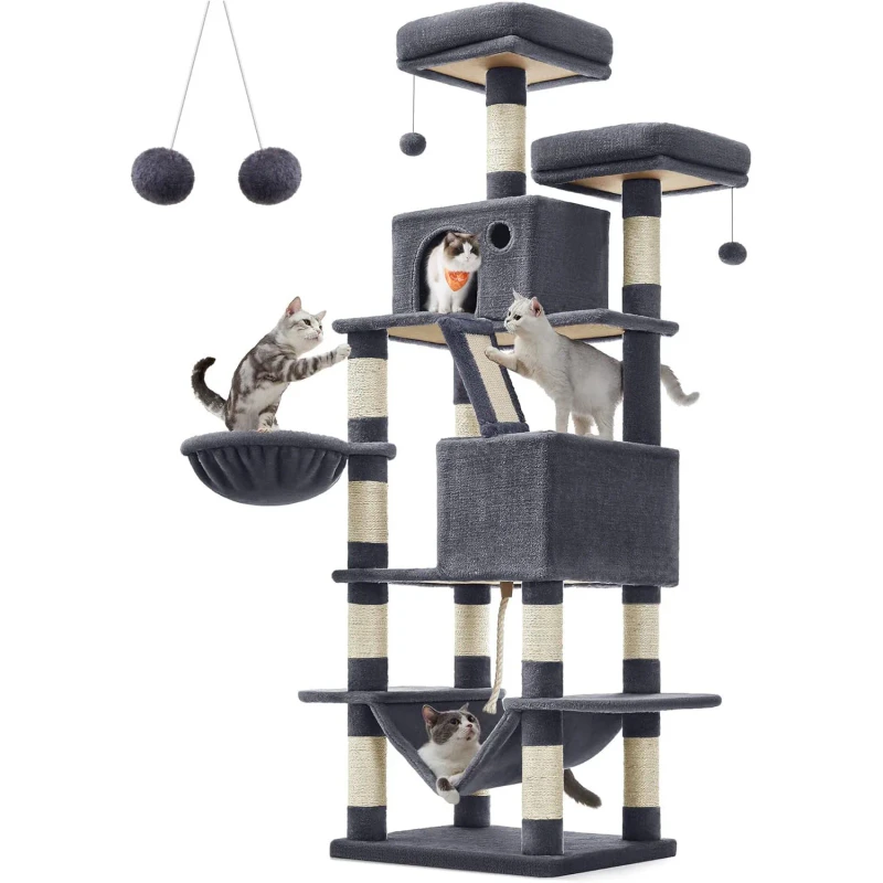 Modern Luxury XL Dark Gray Cat Tower Scratching Post Basic Grey Home Decor Cat Tree Made Wood Paper Large Adult Cat Scratcher