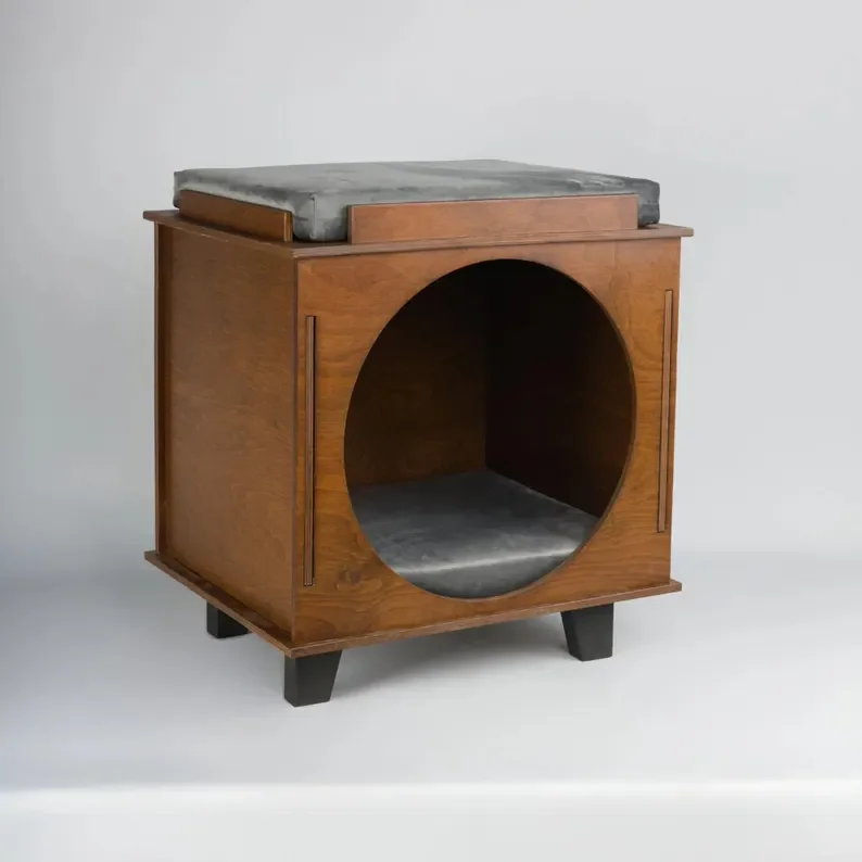 Modern Minimalist Cat House Premium Wooden Pet Bed Furniture Mid Century Stylish Hide Cave for Cats Dogs Indoor Dark Sleeping