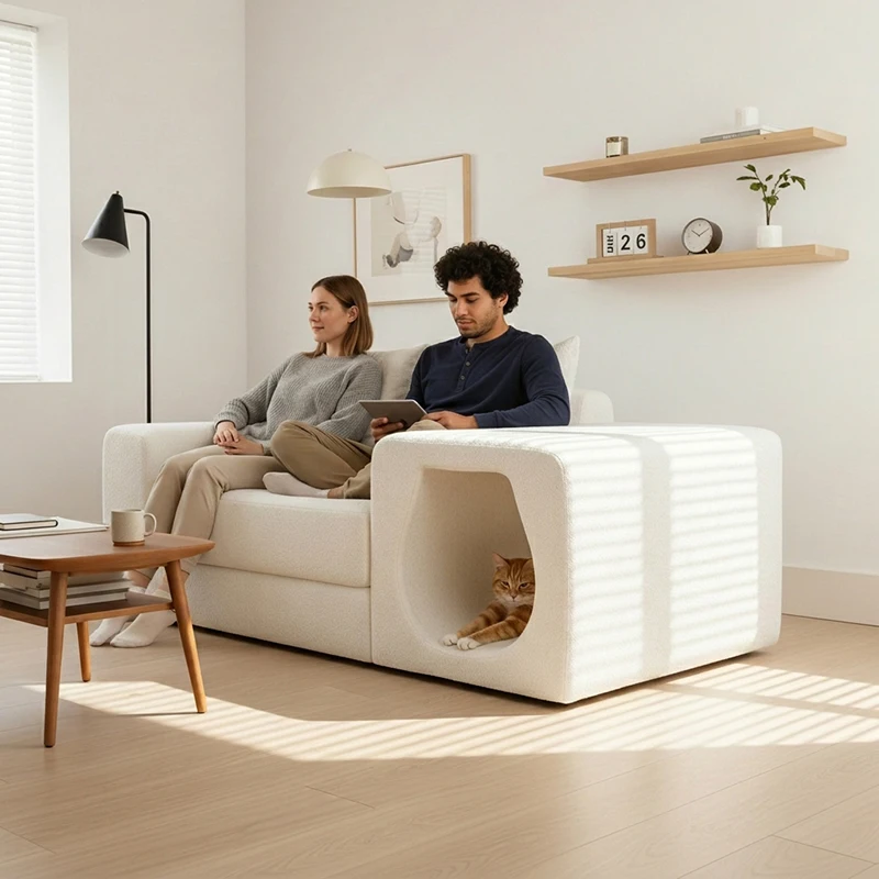 Modern Modular Sectional Sofa with Integrated Pet House Cat Cave Armrest Pet Friendly Fabric Couch for People and Pets Sharing