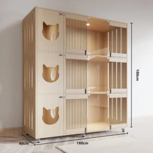 Modern Multi Tier Wooden Cat Kennel with Clear Panels for Pet Boarding Display Living Room Use Durable Solid Wood Construction