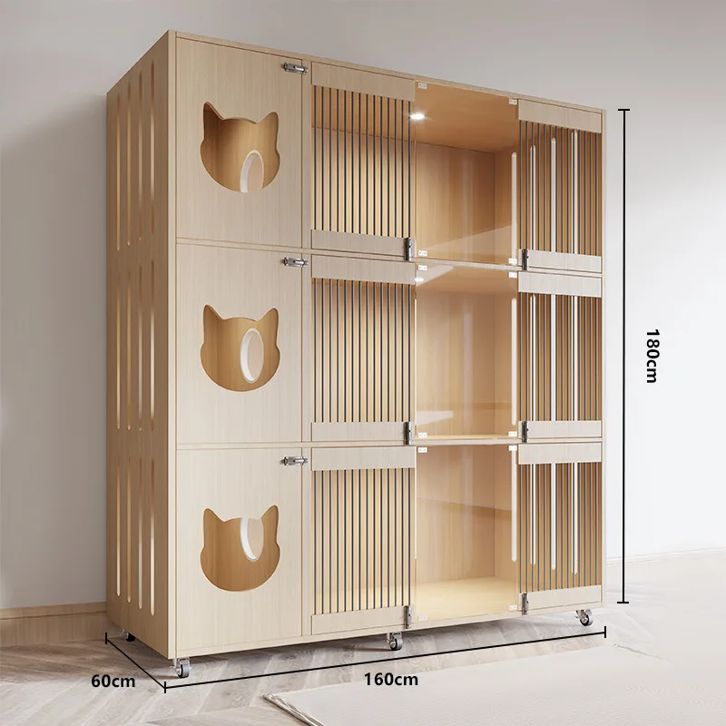 Modern Multi Tier Wooden Cat Kennel with Clear Panels for Pet Boarding Display Living Room Use Durable Solid Wood Construction