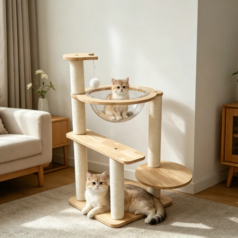 Modern Multi-functional Solid Wood Cat Tree Integrated Cat Climbing Frame with Luxury Nest Scratcher Tower for Indoor Cats