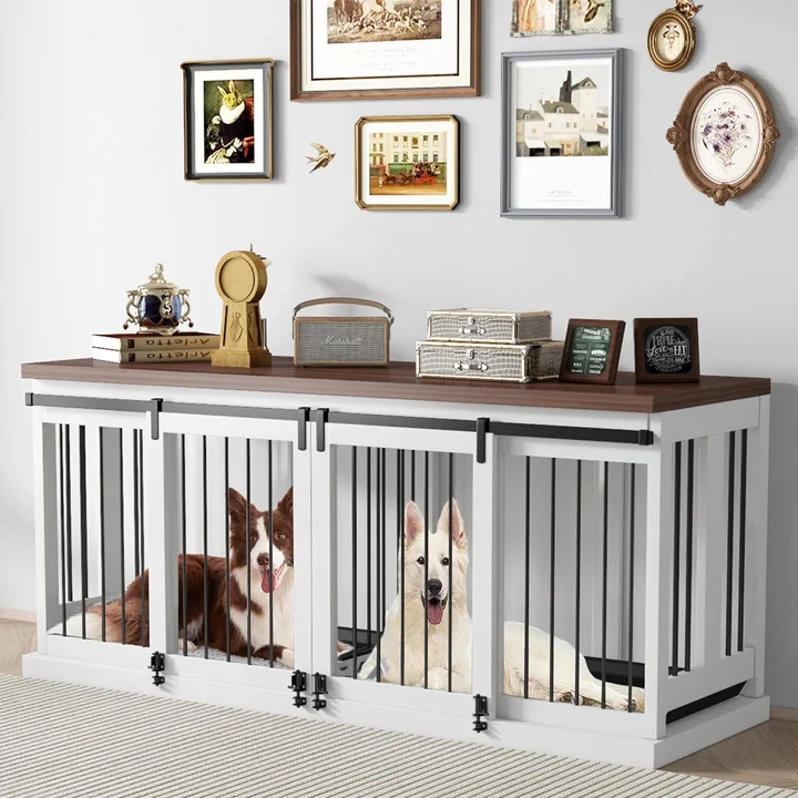 Modern Multifunctional Wooden Dog Crate Table Solid Pattern Pet House with Button Closure Indoor Furniture for Dogs & Cats