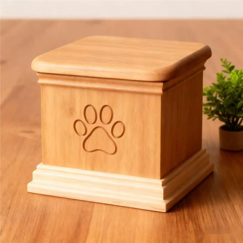 Modern Pet Funeral Supplies Square Urn Mortise Tenon Structure Paw Print Brocade Box Solid Wood Memorial Box