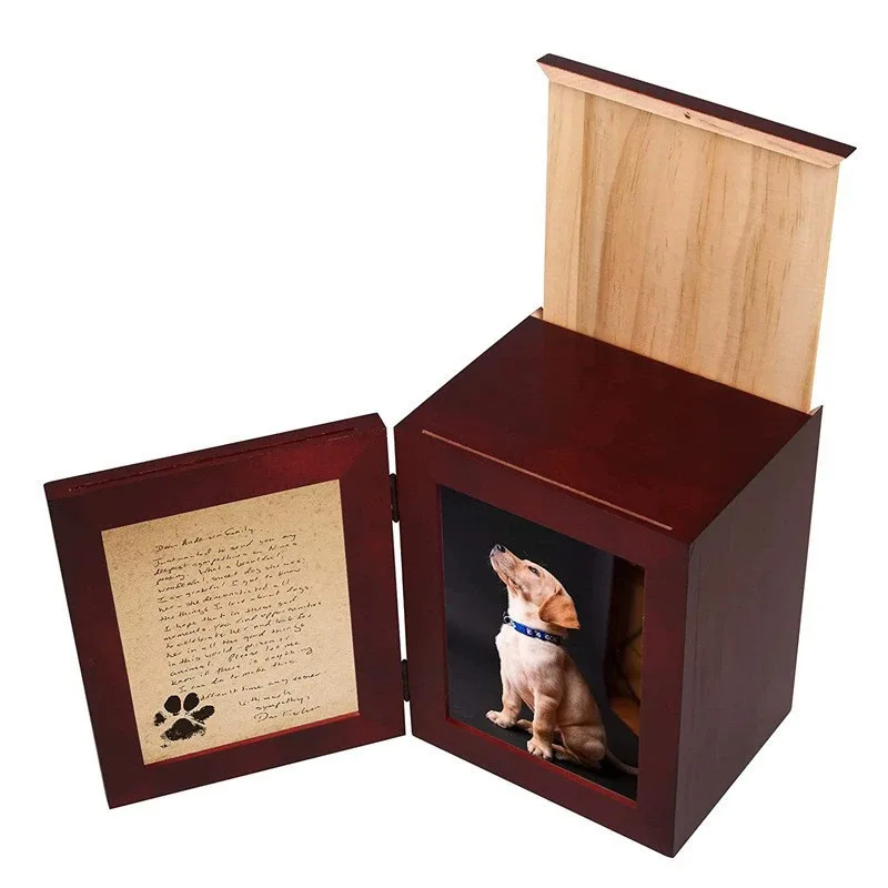 Modern Rectangle Wooden Pet Cremation Urn with Photo Frame Memorial Keepsake Box Ashes Storage for Dogs Cats