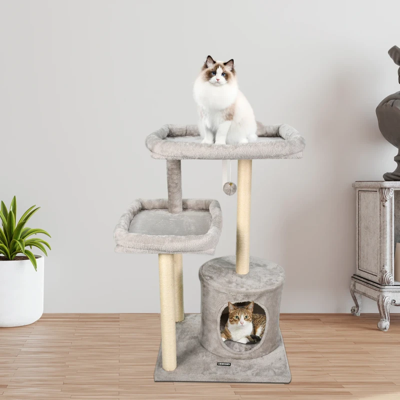 Modern Sisal Scratcher Cat Tower Small Wooden House Condo with Short Plush for Cats Comes in Carton Packaging