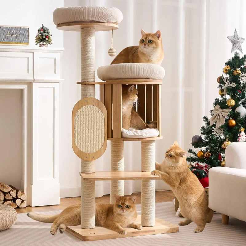Modern Solid Wood Cat Tree 50in Tall Sisal Posts Cardboard Scratcher Cozy Beds & Cave Condo
