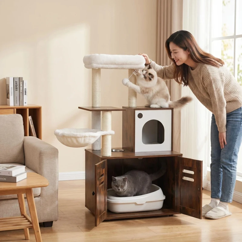 Modern Solid Wood Large Breed Villa Cat House Storage Bench Indoor Pet Furniture Litter Box Cabinet Easy Clean All Seasons Hook